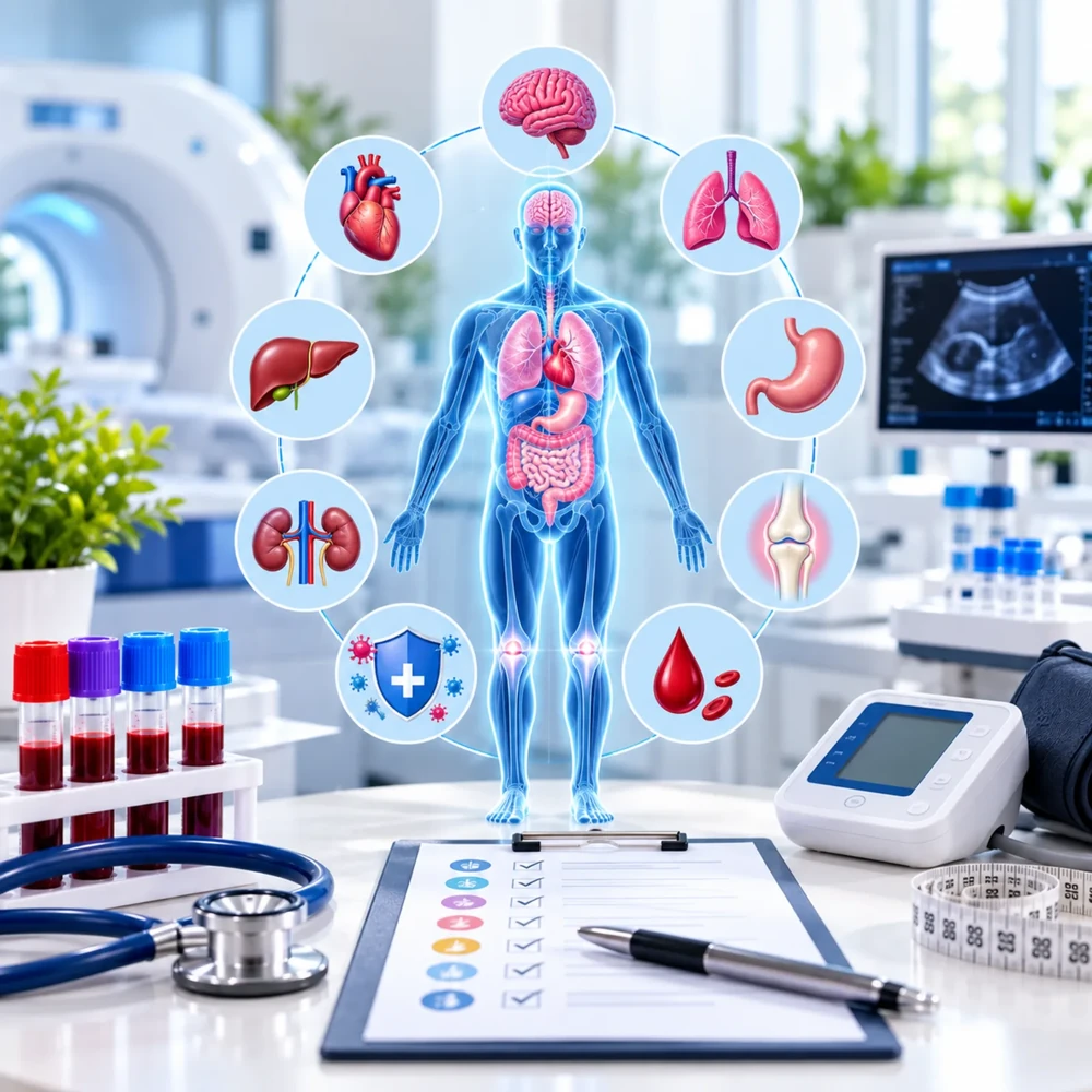 Full body illustration with organ icons