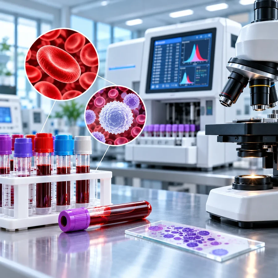 Blood sample tubes and blood cells for a complete blood count