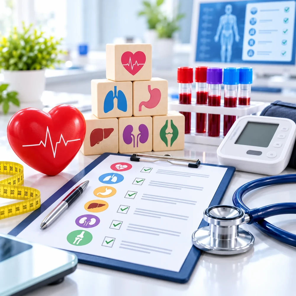 Organ icons, heart model and checkup checklist