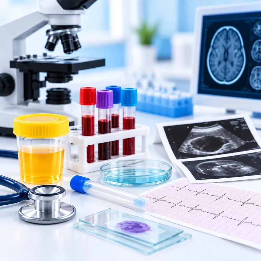 Urine sample, blood tubes and scan reports