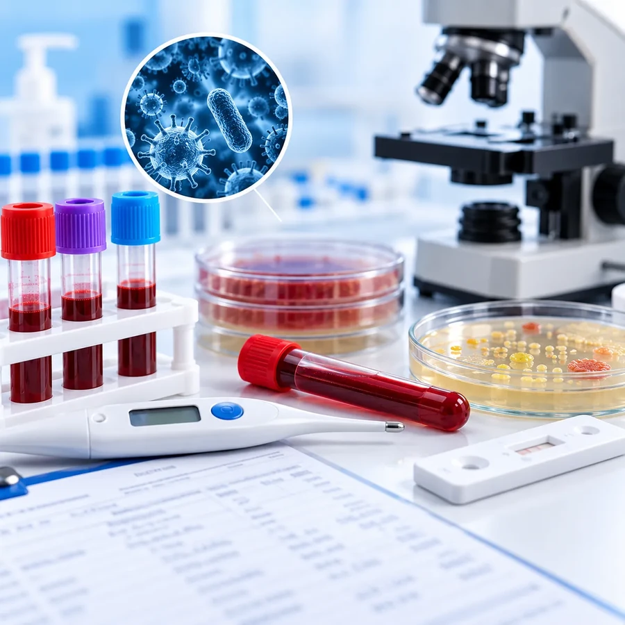 Blood tubes, culture dishes and a thermometer