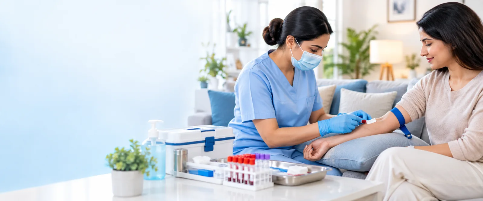 Phlebotomist taking a blood sample at home