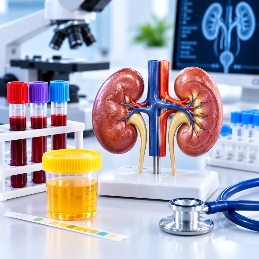 Kidney model with urine sample and blood tubes