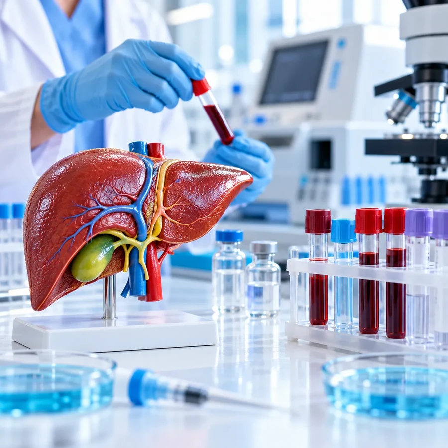 Liver model beside blood sample tubes