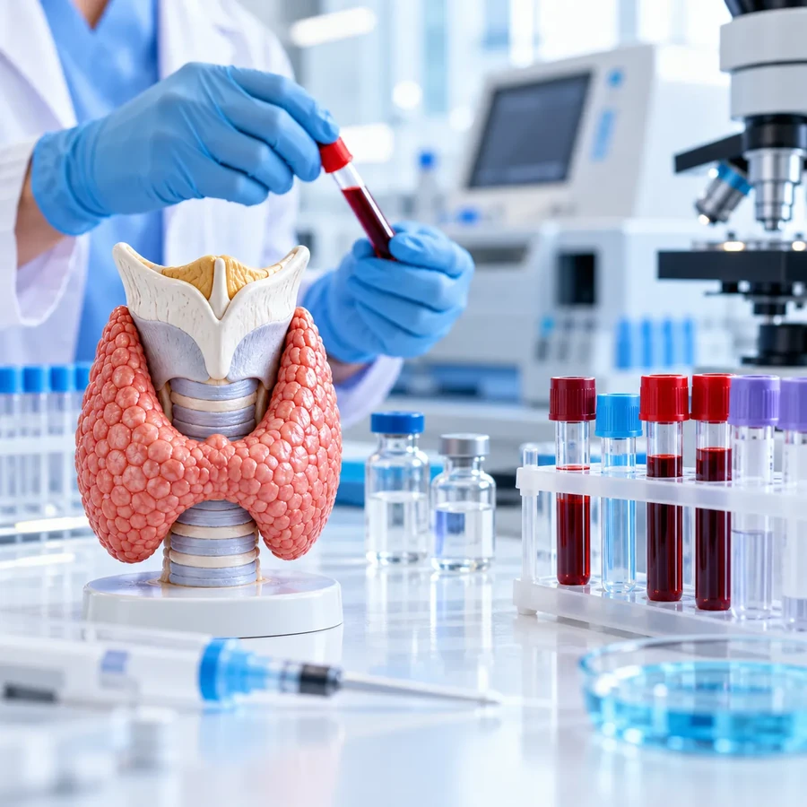 Thyroid model beside blood sample tubes