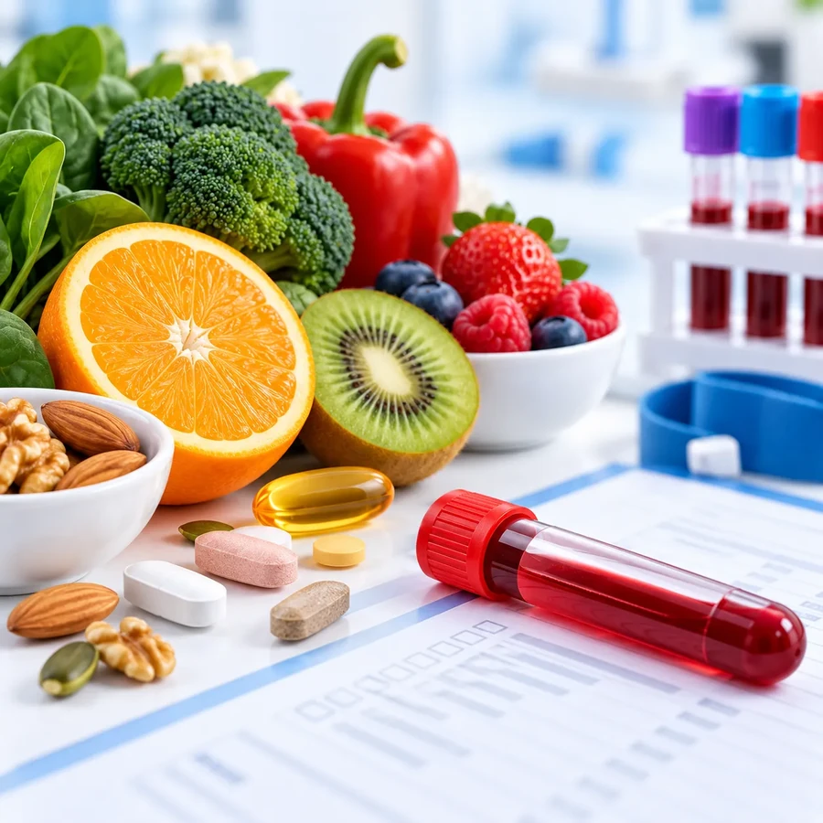 Fruit, vegetables and a blood sample tube